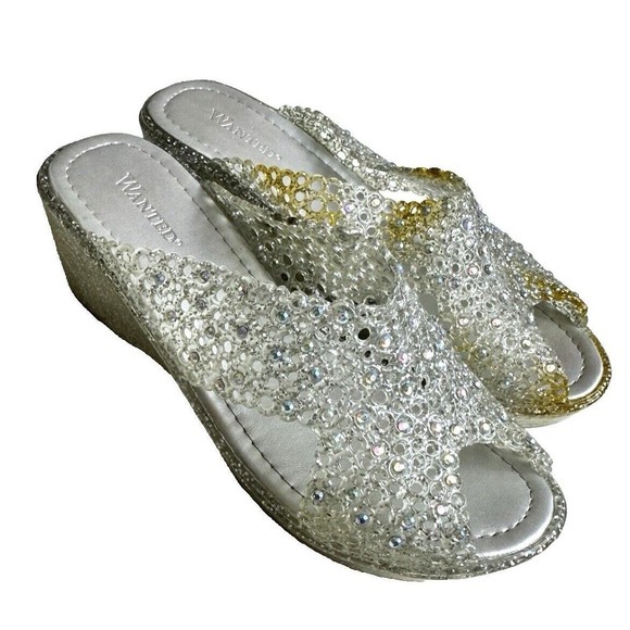 Wanted Shoes - Vintage Women's Silver Glitter Jelly Plastic Clog Sandals Heels Wanted Sz 41 KC